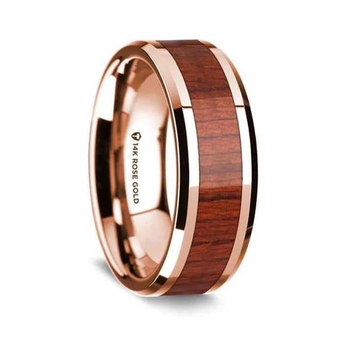 rose gold diamond engagement rings-14K Rose Gold Polished Beveled Edges Wedding Ring with Padauk Inlay - 8 mm