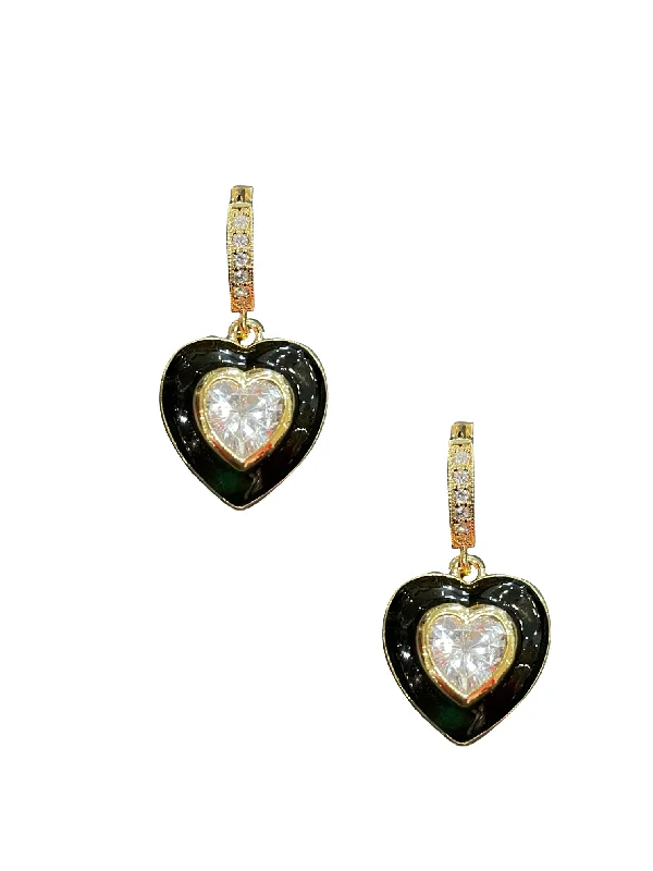 women's minimalistic stud earrings-Black Enamel Bezel Heart Huggies