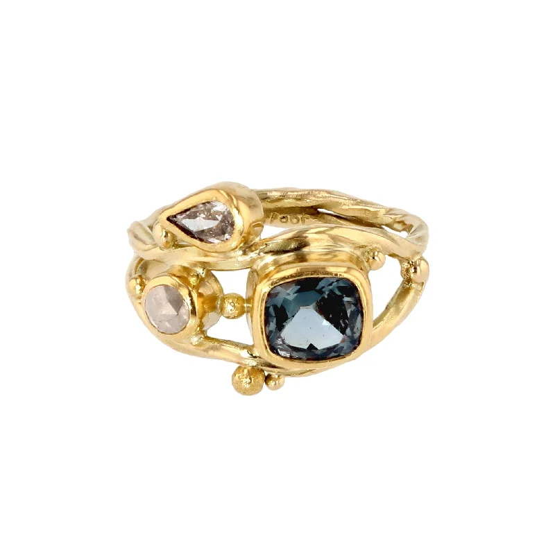 women's designer rings-Double Seafire 18K & 22K Gold Ring w. Sapphire & Diamonds