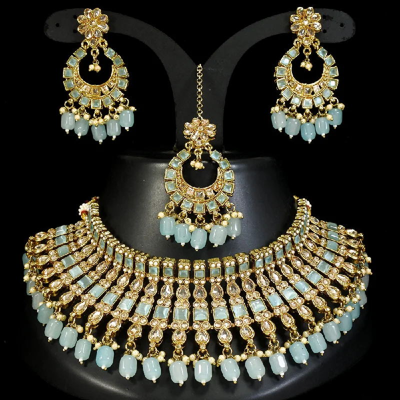 women's diamond necklaces-LALSO Gold Plated  Zircon Work Bridal Jewelry Choker Necklace Jewelry Set With Maangtika