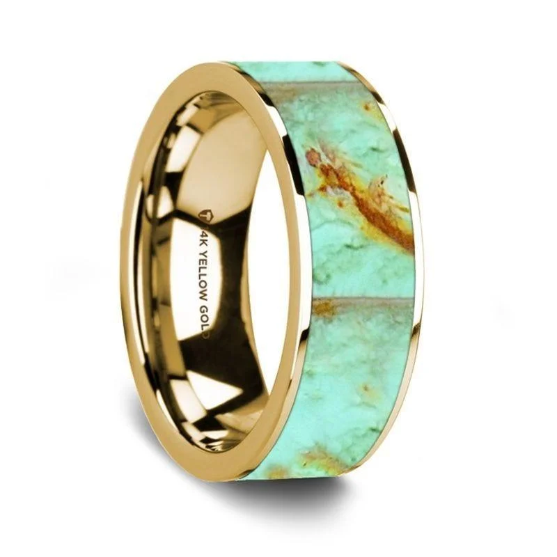 white gold engagement rings-Flat Polished 14K Yellow Gold Wedding Ring with Turquoise Inlay - 8 mm