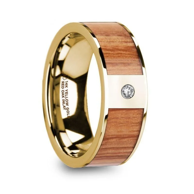 classic engagement rings-ONESIMOS Men’s Polished 14k Yellow Gold & Red Oak Wood Inlaid Wedding Ring with Diamond - 8mm