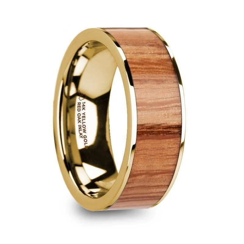 handmade engagement rings-PANTHER Polished 14k Yellow Gold Men’s Wedding Ring with Red Oak Wood Inlay - 8mm