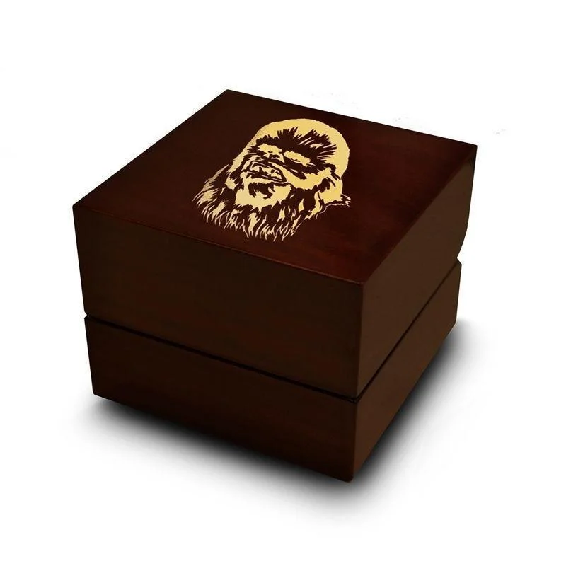 elegant engagement rings-Star Wars Chewbacca Print Engraved Chocolate Dark Wood Personalized Wooden Wedding Ring Box