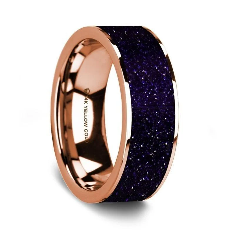 affordable engagement rings-Flat Polished 14K Rose Gold Wedding Ring with Purple Gold Stone Inlay - 8 mm