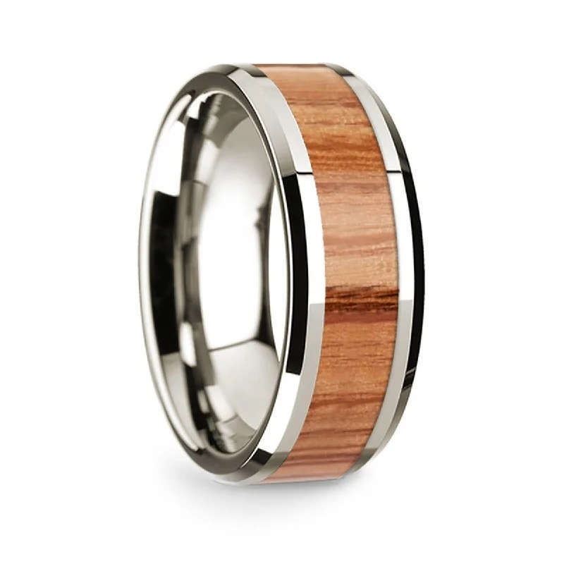 solitaire diamond engagement rings-14k White Gold Polished Beveled Edges Wedding Ring with Red Oak Wood Inlay - 8 mm