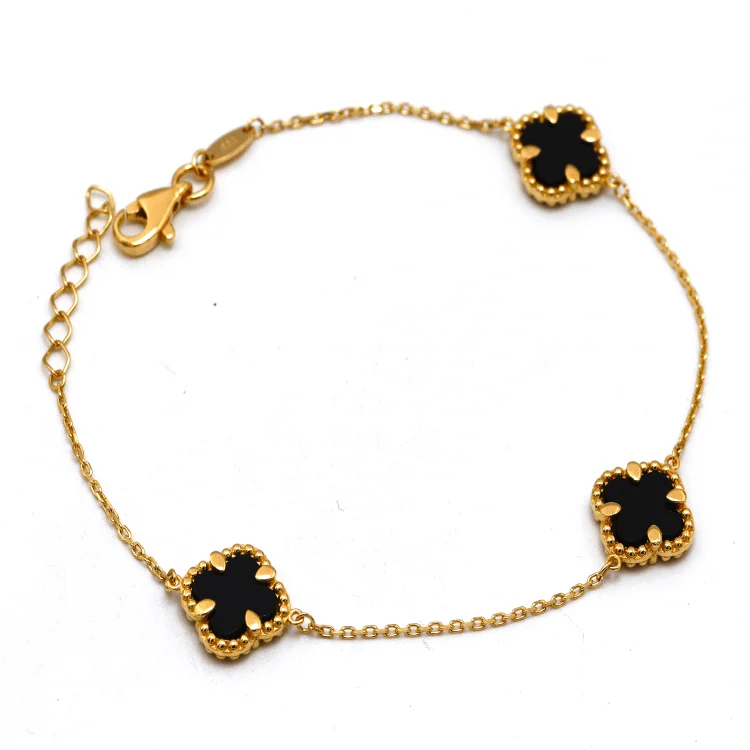 women's flower-shaped bangles-Real Gold 3 Clover Black Luxury Bracelet (19 C.M) - Model GZJVN1874 BR1753