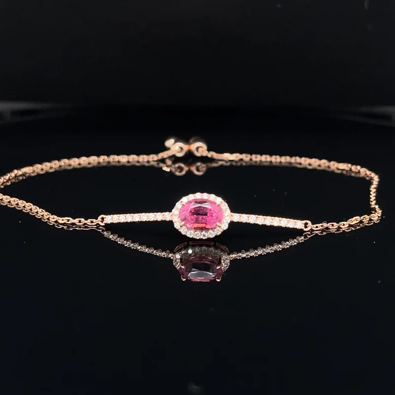 women's multi-strand bracelets-Pink Tourmaline & Diamond 1.23ctw Oval Vintage Halo Bolo Bracelet in 18k Rose Gold - #315 - BRTOM000024