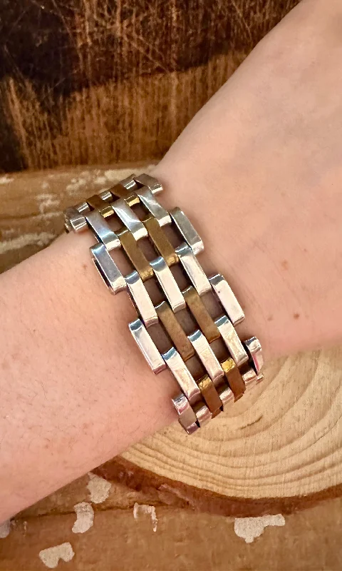 women's classic bracelets-VINTAGE MEXICAN MESH 1990s Brass and Silver Bracelet