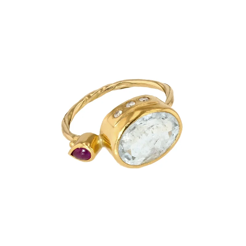 women's diamond rings-Cocktail 18K & 22K Gold Ring w. Aquamarine, Ruby & Diamonds