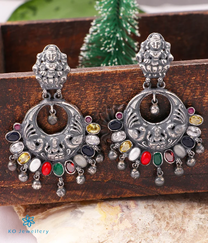 women's dainty gold earrings-The Shraddha Antique Silver Navaratna Chand Bali (Oxidised)