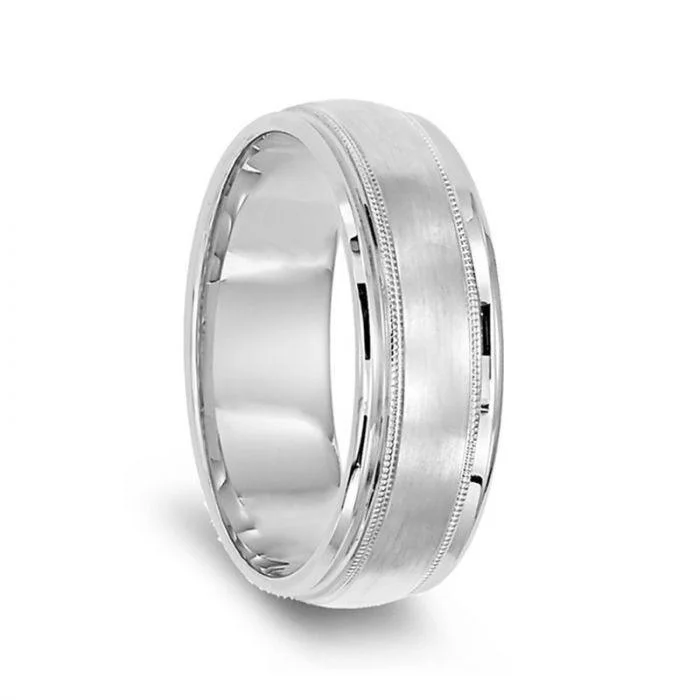 round engagement rings-14k White Gold Brushed Center Milgrain Wedding Ring with Polished Edges - 7mm