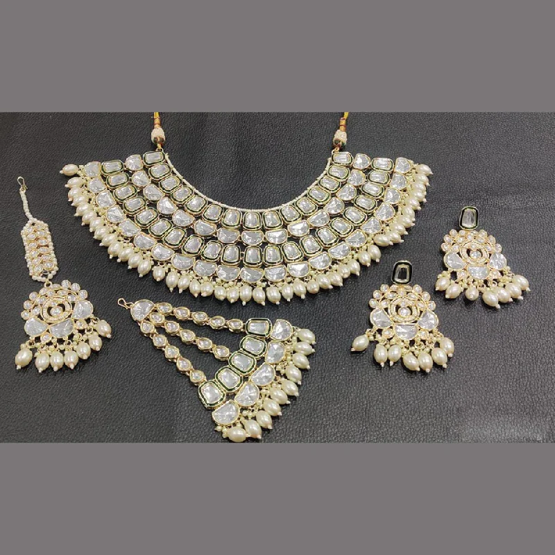 women's fashion-forward necklaces-Rani Sati Jewels Gold Plated Kundan And Semi Bridal Necklace Set