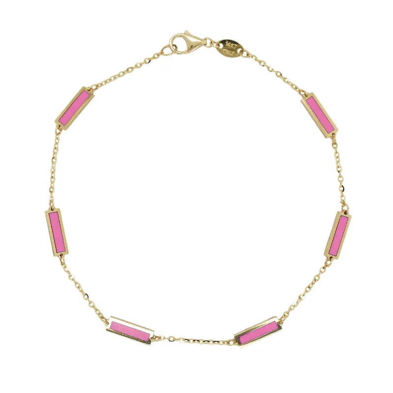 women's simple bangles-14k Gold & Pink Agate Station Bar Bracelet