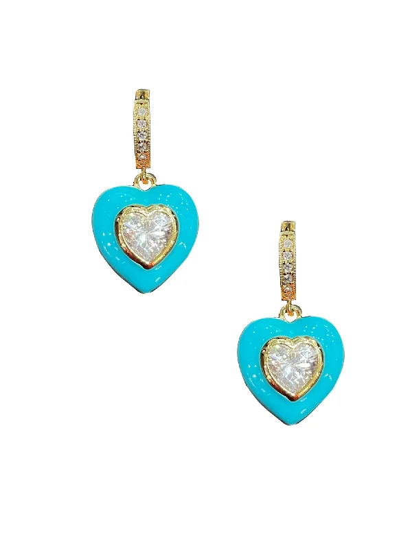 women's statement crystal earrings-Turquoise Enamel Bezel Heart Huggies