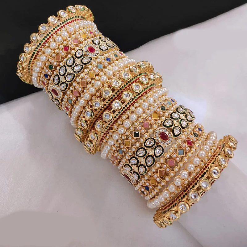 women's polished gold bangles-Akruti Collection Gold Plated Kundan Stone And Crystal Stone Pearls Bangles Set