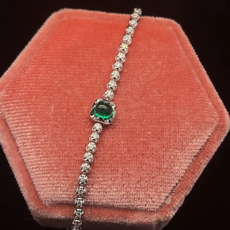 women's cuff bracelets-Emerald Cabochon & Diamond Tennis Bracelet in 18k White Gold - #564 - BREME010411