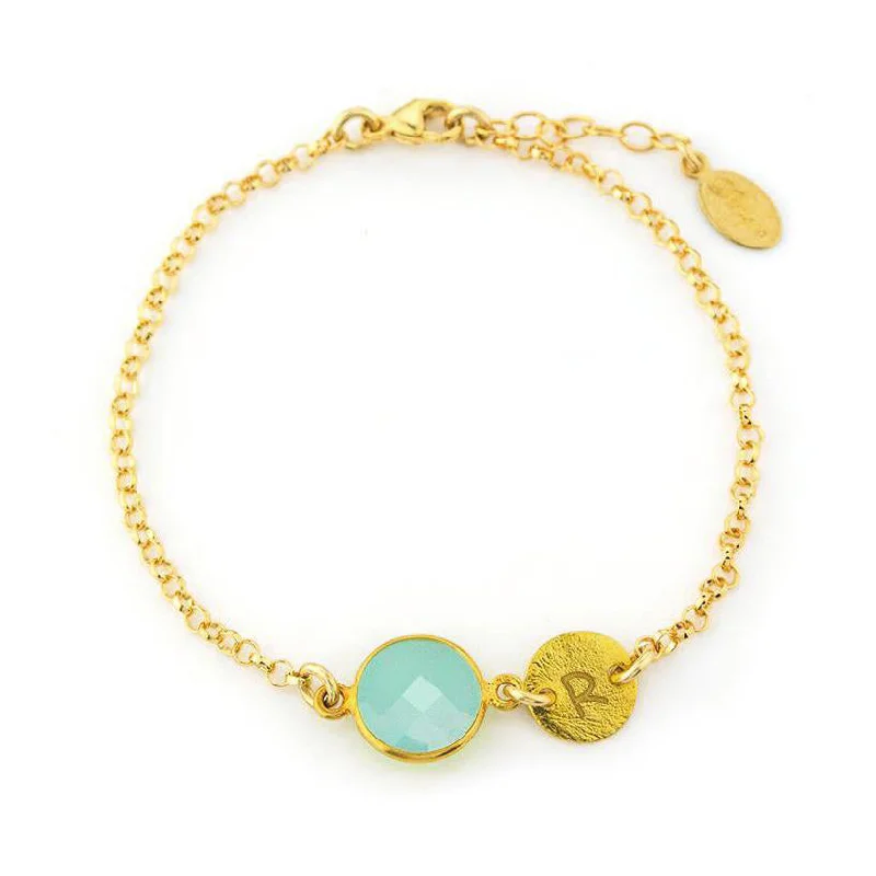 women's classic bracelets-Personalized Aquamarine Chalcedony Bracelet with Initial Charm • March Birthstone