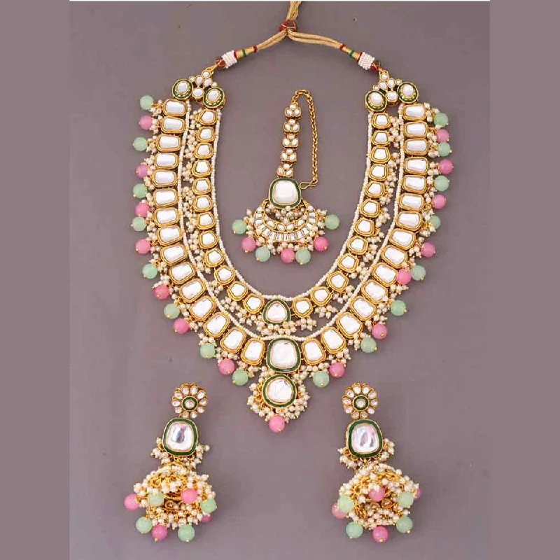 women's large pendant necklaces-Sai Fashion Gold Plated Kundan Stone Necklace Set