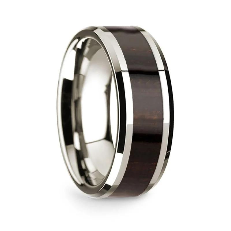 engagement rings with yellow diamonds-14k White Gold Polished Beveled Edges Wedding Ring with Ebony Wood Inlay - 8 mm