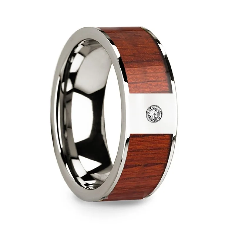 engagement rings for women with diamonds-Men’s 14k White Gold Polished Wedding Ring with Padauk Wood Inlay & Diamond - 8mm