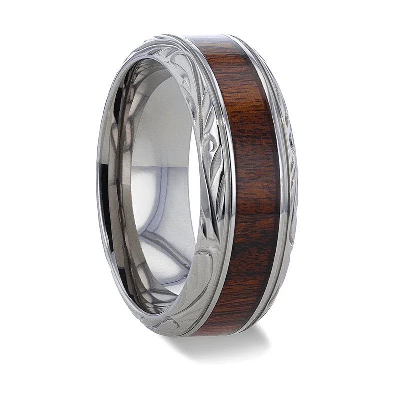 princess cut engagement rings-KRAFT Black Walnut Wood Inlay with Intricate Beveled Edges Titanium Polished Wedding Ring - 8mm