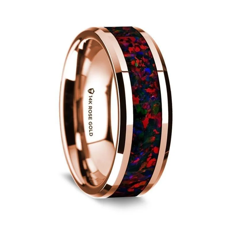 luxury engagement rings-14K Rose Gold Polished Beveled Edges Wedding Ring with Black and Red Opal Inlay - 8 mm