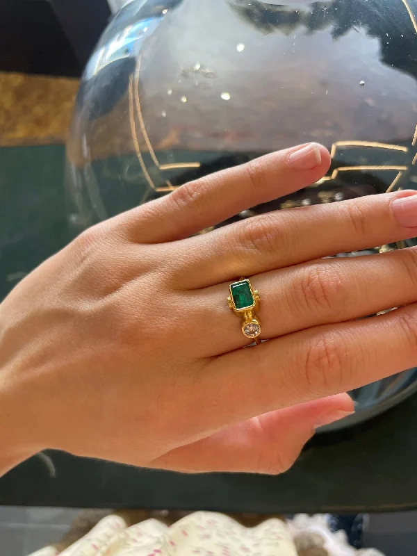 women's engagement rings-Cocktail 18K & 22K Gold Ring w. Emerald & Diamonds