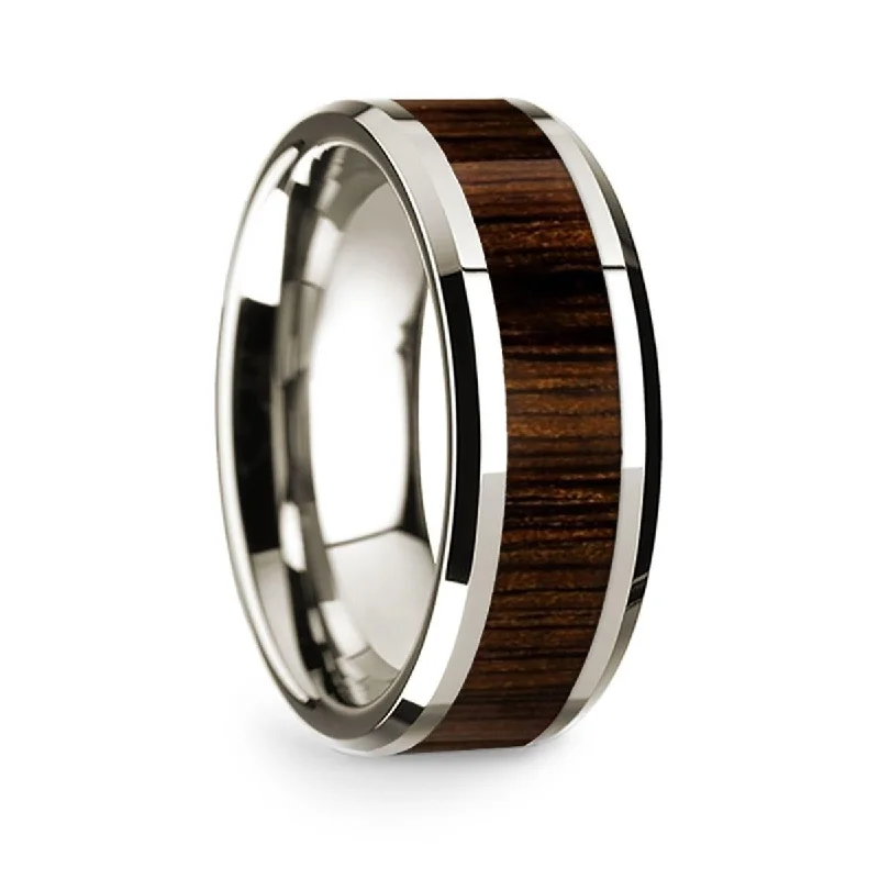 engagement rings with colored diamonds-14k White Gold Polished Beveled Edges Wedding Ring with Black Walnut Inlay - 8 mm