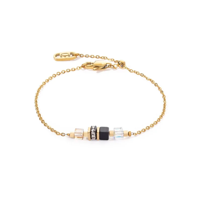 women's trendy bangles-Coeur De Lion Black Gold Mini Cubes Chain Bracelet