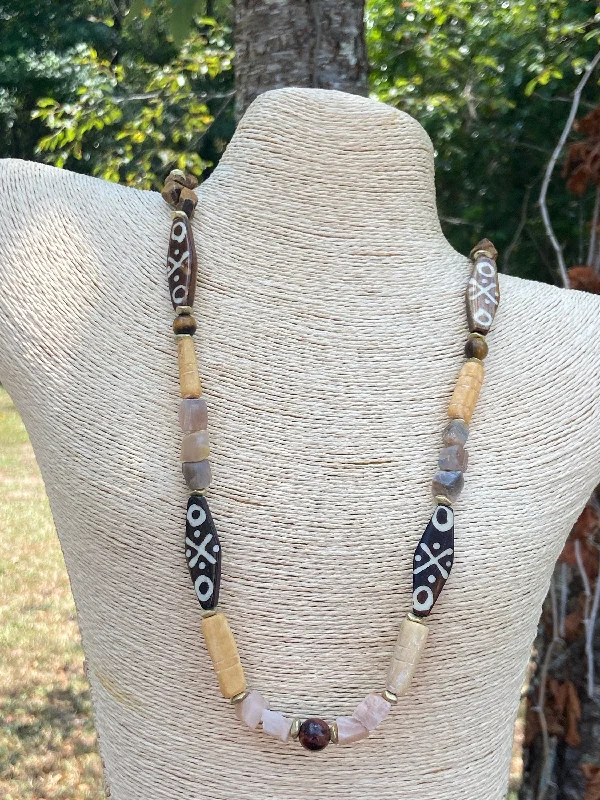 women's crystal necklaces-Bohemian Inspired Batik Bone and Gemstone Necklace