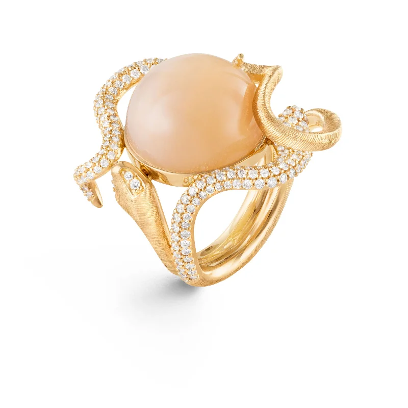 women's oversized gemstone rings-Snakes Pavé 18K Gold Ring w. Moonstone & Diamonds