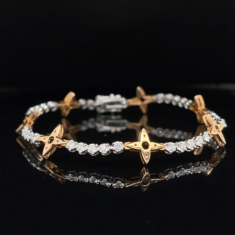 women's ethnic bracelets-Fancy Flower 0.91ctw Diamond Tennis Bracelet in 18k Two-Tone Gold - #319 BRDIA088709