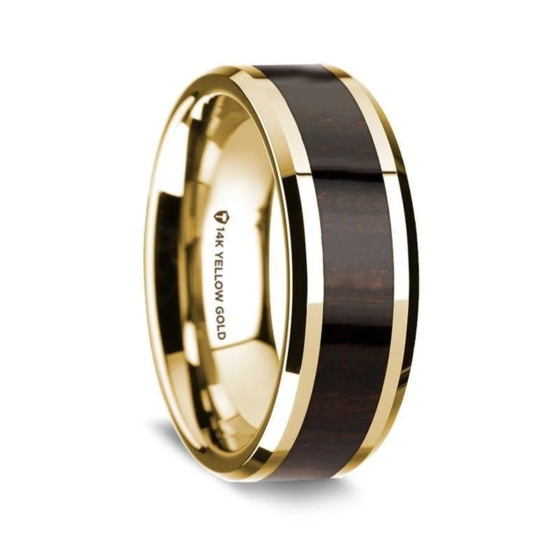 princess cut diamond engagement rings-14K Yellow Gold Polished Beveled Edges Wedding Ring with Ebony Wood Inlay - 8 mm