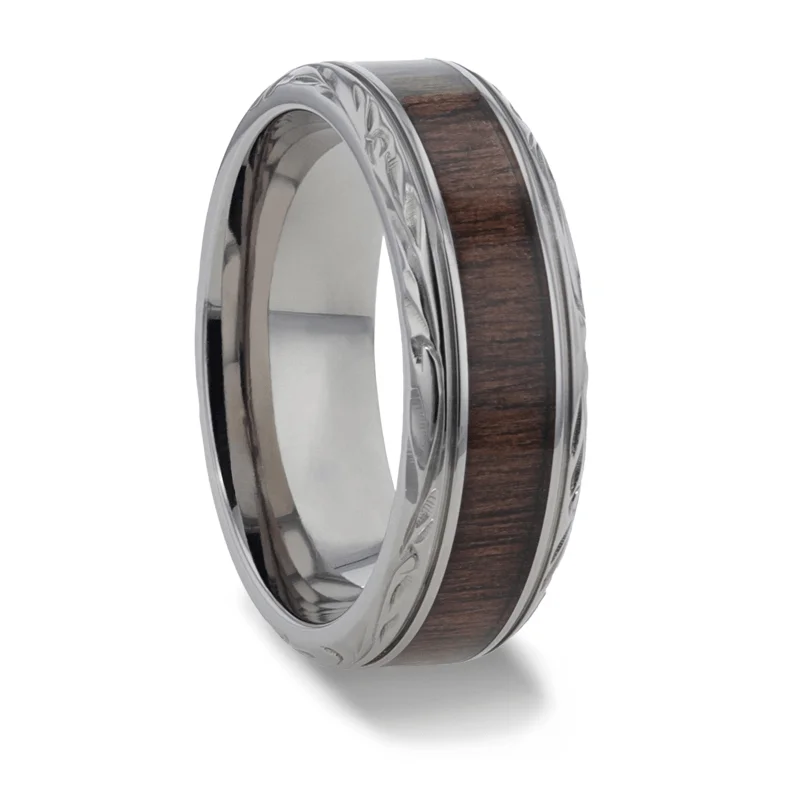 diamond engagement rings-ROSENTRA Rosewood Inlay with Intricate Beveled Edges Titanium Polished Wedding Ring - 8mm