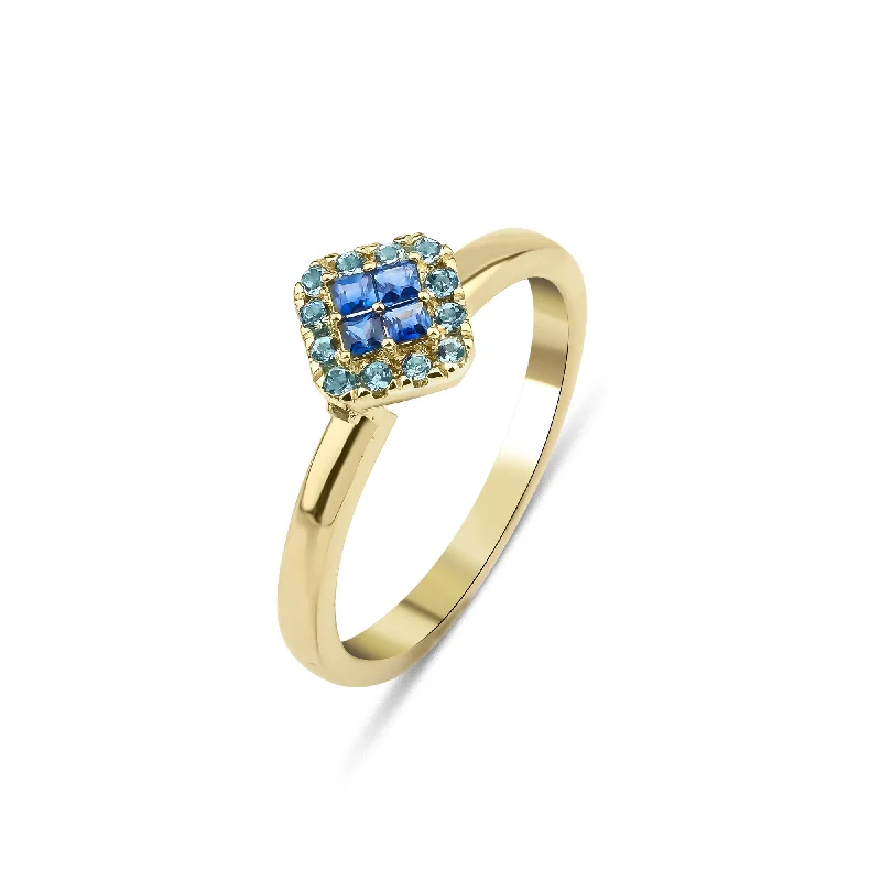 women's custom gemstone rings-Fortuna Azul 18K Gold Ring w. Aquamarine & Sapphires