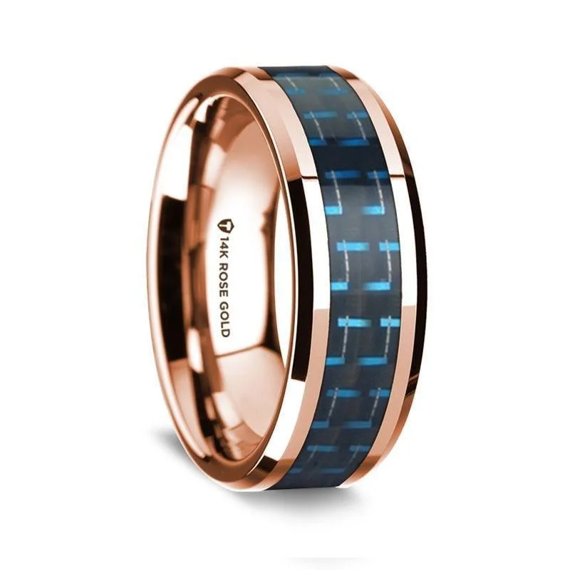 engagement rings with matching bands-14k Rose Gold Polished Beveled Edges Wedding Ring with Black and Blue Carbon Fiber Inlay - 8mm