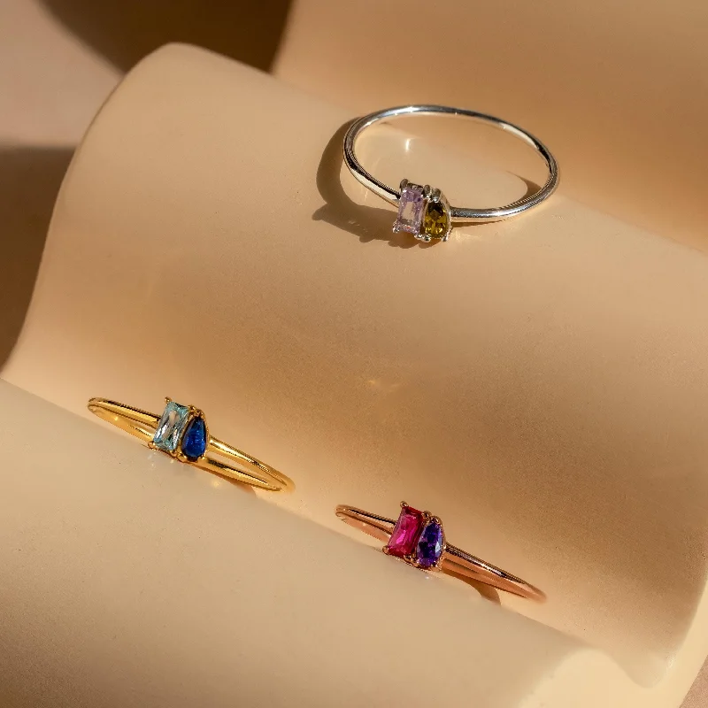 women's gemstone cocktail rings-Tiny Toi et Moi Birthstone Ring