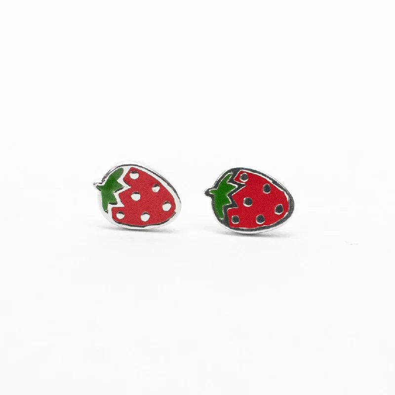 women's heart-shaped earrings-Silver Enamel Strawberry Studs