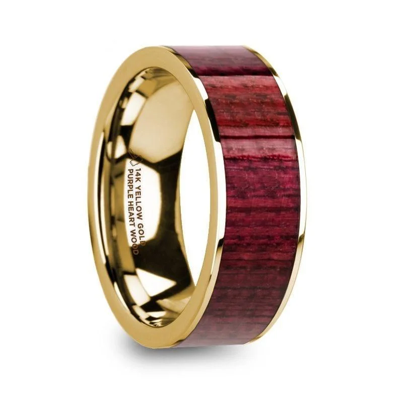 ethical engagement rings-PHILO Polished 14k Yellow Gold Men’s Wedding Ring with Purpleheart Wood Inlay - 8mm