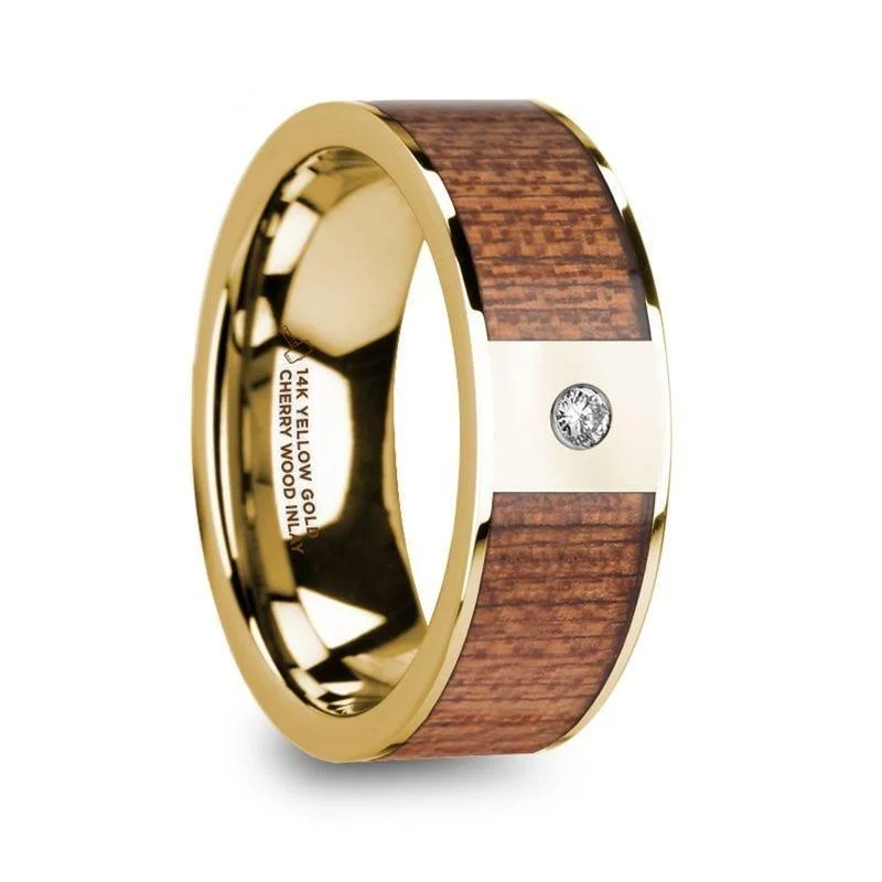 luxury engagement rings-VANGELIS Men’s Diamond Center Polished 14k Yellow Gold Wedding Ring with Cherry Wood Inlay - 8mm