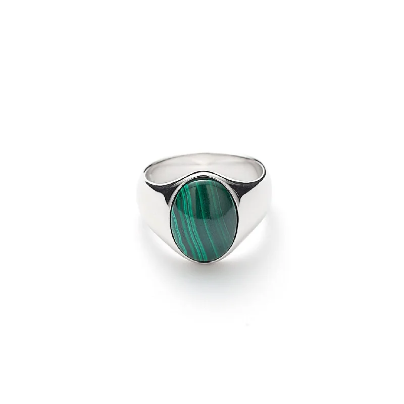 women's promise rings-Hope Oval Signet Silver Ring w. Malachite