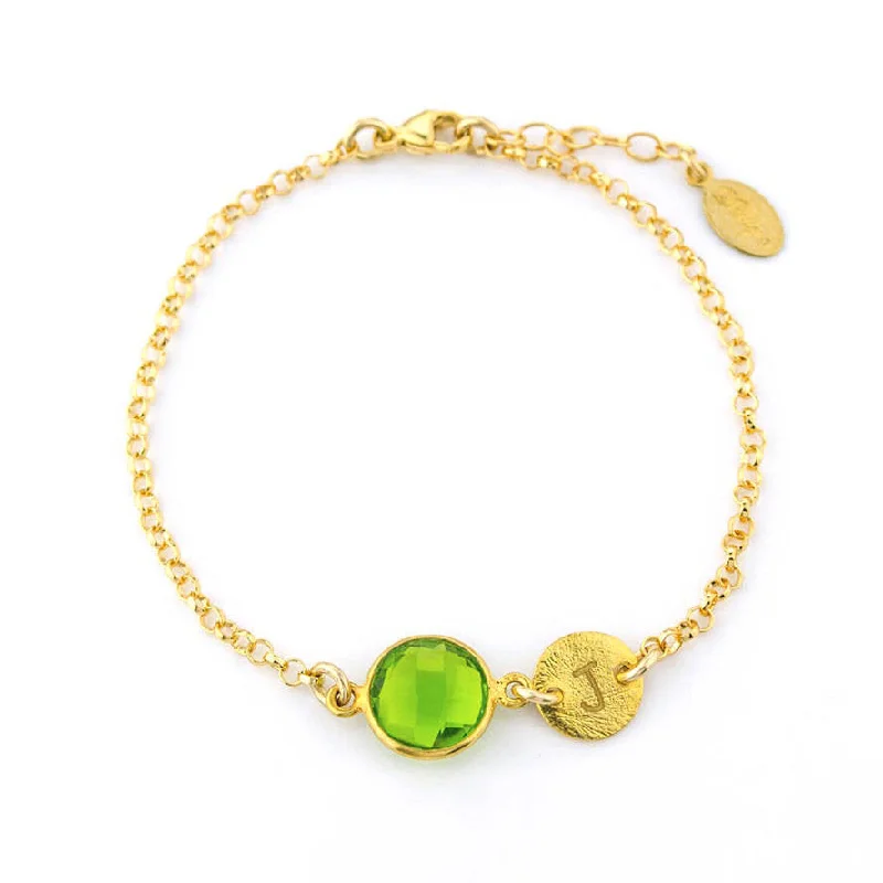 women's crystal bracelets-Personalized Peridot Bracelet with Initial Charm • August Birthstone