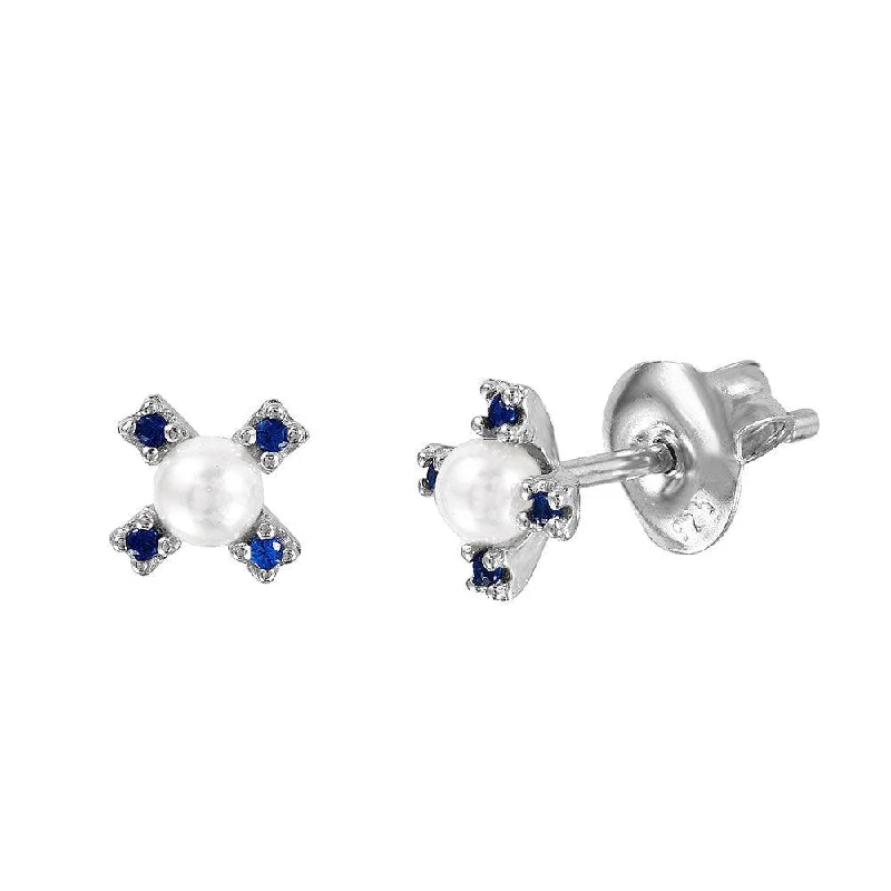 women's sleek silver earrings-Silver 925 Rhodium Plated CZ Flower Studs with Synthetic Pearl - GME00035RH-BLU