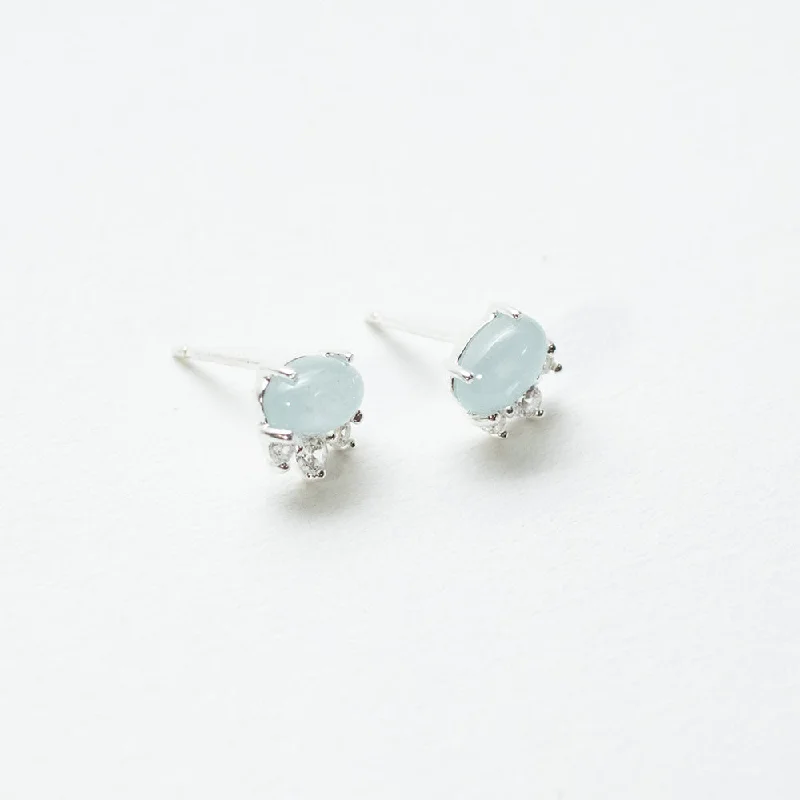 women's diamond earrings-Oval Aquamarine & CZ Silver Studs