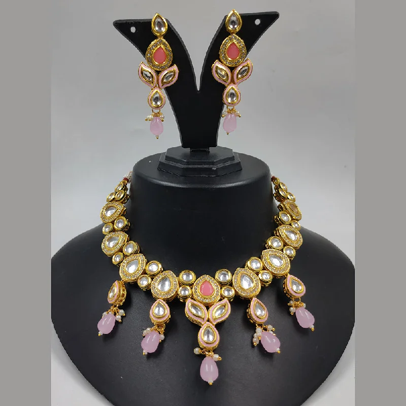 women's wedding anniversary necklaces-Gehana Mahal Gold Plated Kundan Necklace Set