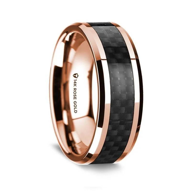 simple engagement rings-14k Rose Gold Polished Beveled Edges Wedding Ring with Black Carbon Fiber Inlay - 8 mm