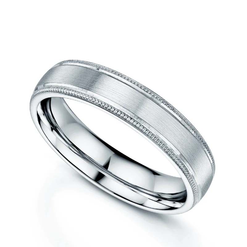 handmade engagement rings-Platinum Matt Court Shape Wedding Ring with Polished & Millgrain Edges