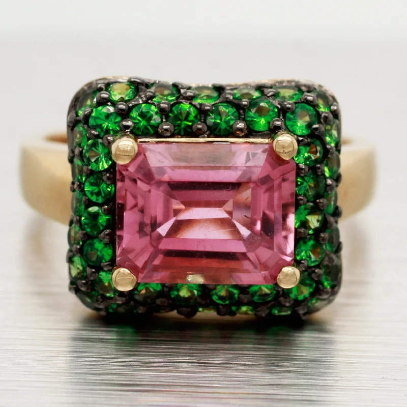 women's opal rings-LeVian Pink Quartz & Tsavorite Cocktail Ring - 14k Yellow Gold Band