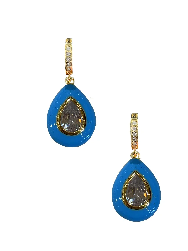 women's dainty gold earrings-Blue Enamel Bezel Teardrop Huggies